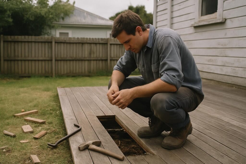 Handyman examining and repairing rotted timber on an old wooden deck during an Auckland home maintenance job.