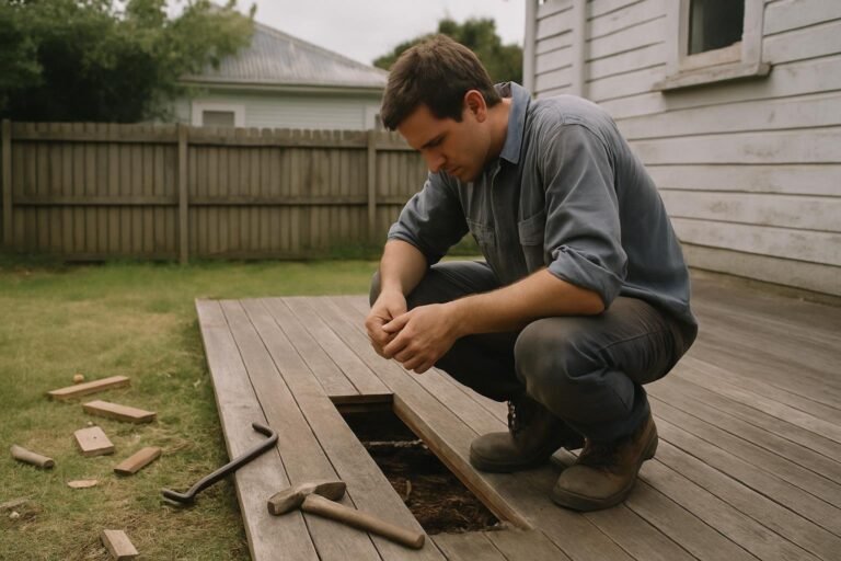 Handyman examining and repairing rotted timber on an old wooden deck during an Auckland home maintenance job.