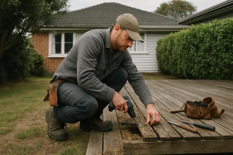 Handyman repairing a worn wooden deck at an Auckland home, examining timber boards for rot and damage.