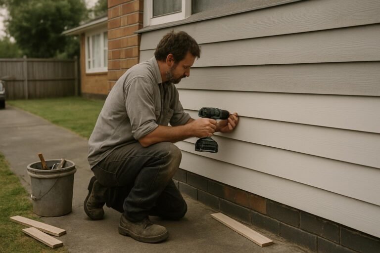 Handyman securing new weatherboard cladding to an Auckland home's exterior wall on a cloudy day.