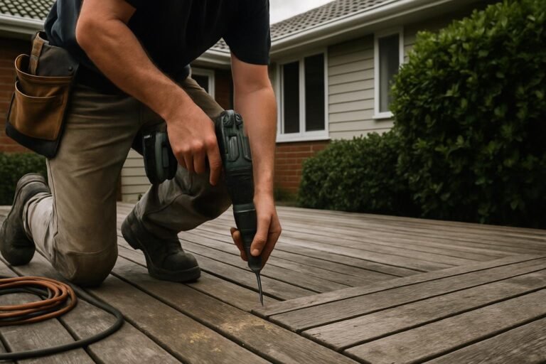 Handyman drilling timber boards on an Auckland residential deck during repair work.