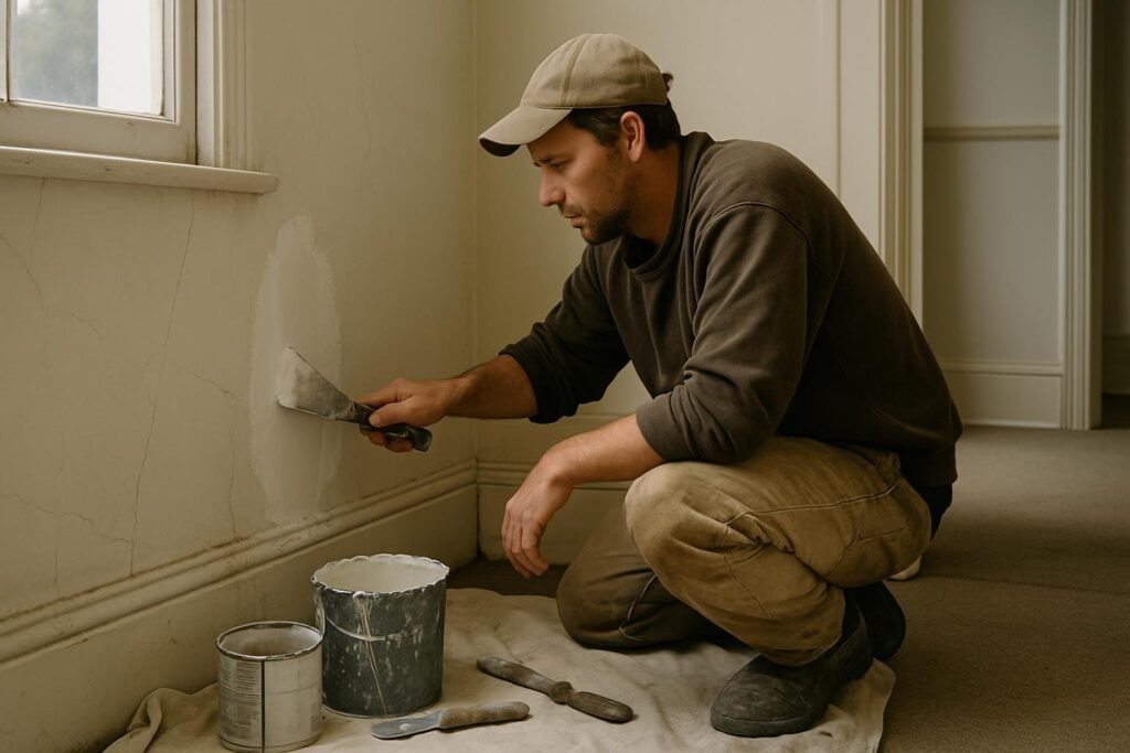 Handyman applying plaster to a cracked wall inside an Auckland home using a putty knife and joint compound.