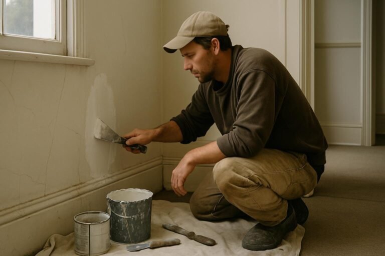 Handyman applying plaster to a cracked wall inside an Auckland home using a putty knife and joint compound.