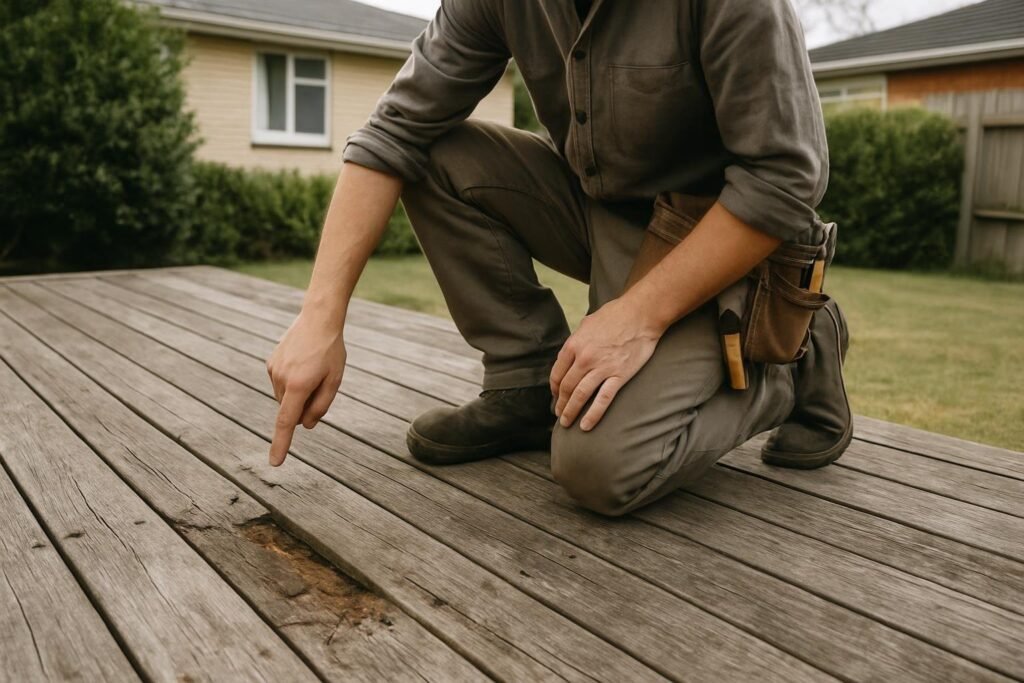 Handyman inspecting damaged timber boards on a weathered Auckland residential deck during maintenance assessment.
